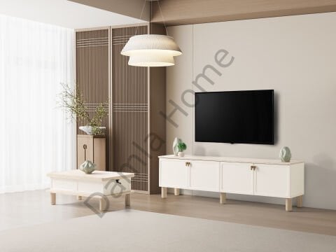 Stil Tv Ünitesi & Akıllı Sehpa Seti - Traverten/Ekru