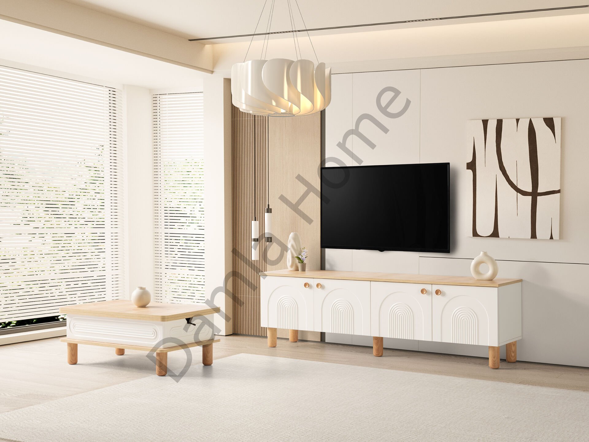 Lilyum Tv Ünitesi & Akıllı Sehpa Seti - Meşe/Ekru