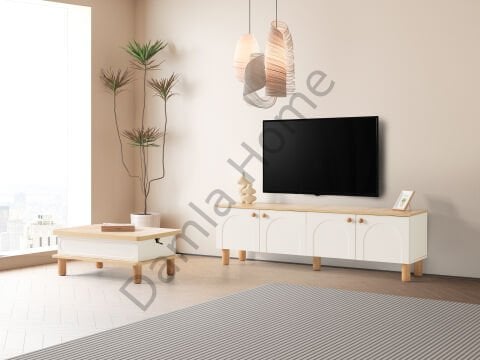 Açelya Tv Ünitesi & Akıllı Sehpa Seti - Meşe/Ekru