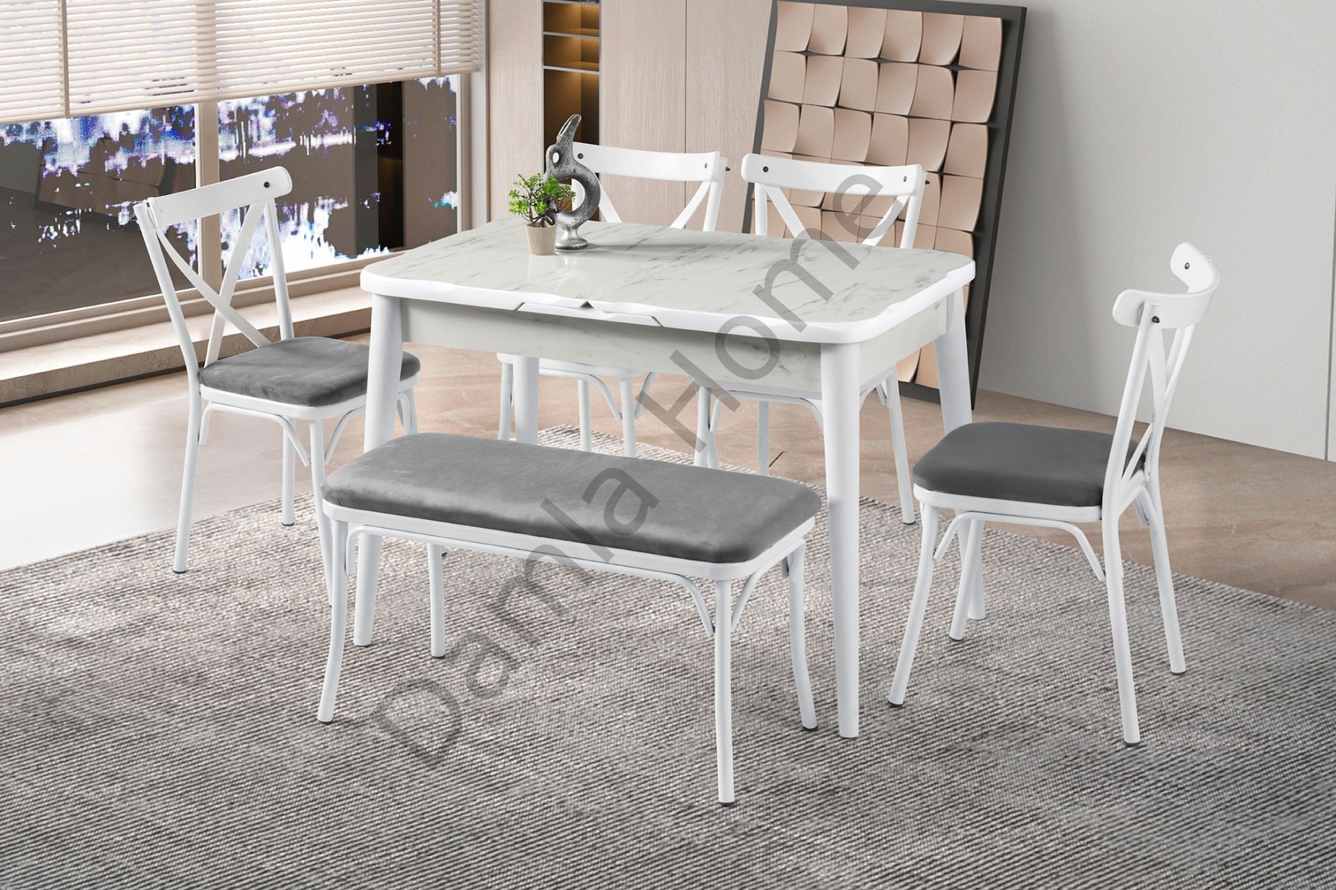 İkon Masa Sandalye Takımı - HighGloss Marmo/Beyaz