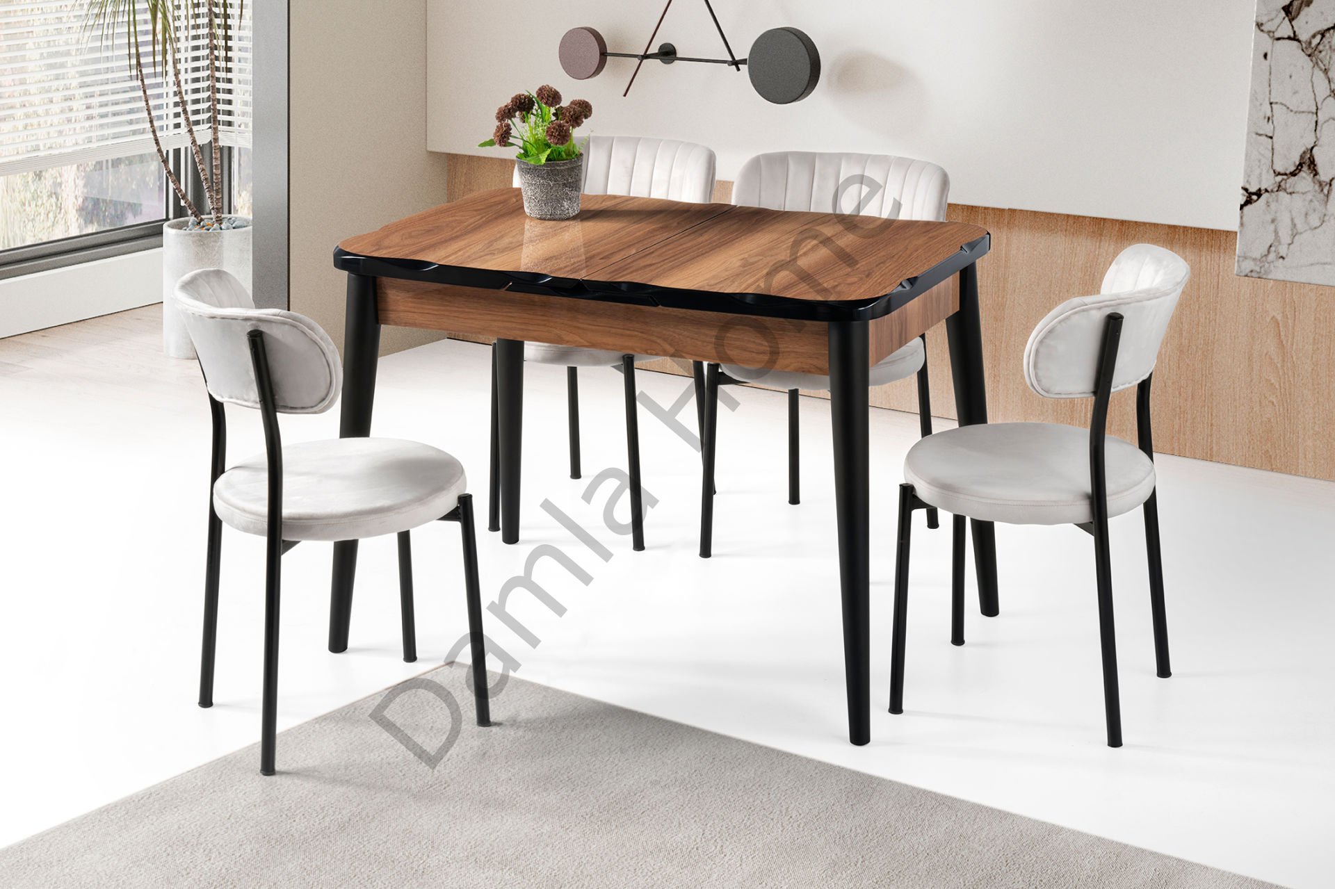 İkon Masa Sandalye Takımı - HighGloss Ceviz/Siyah