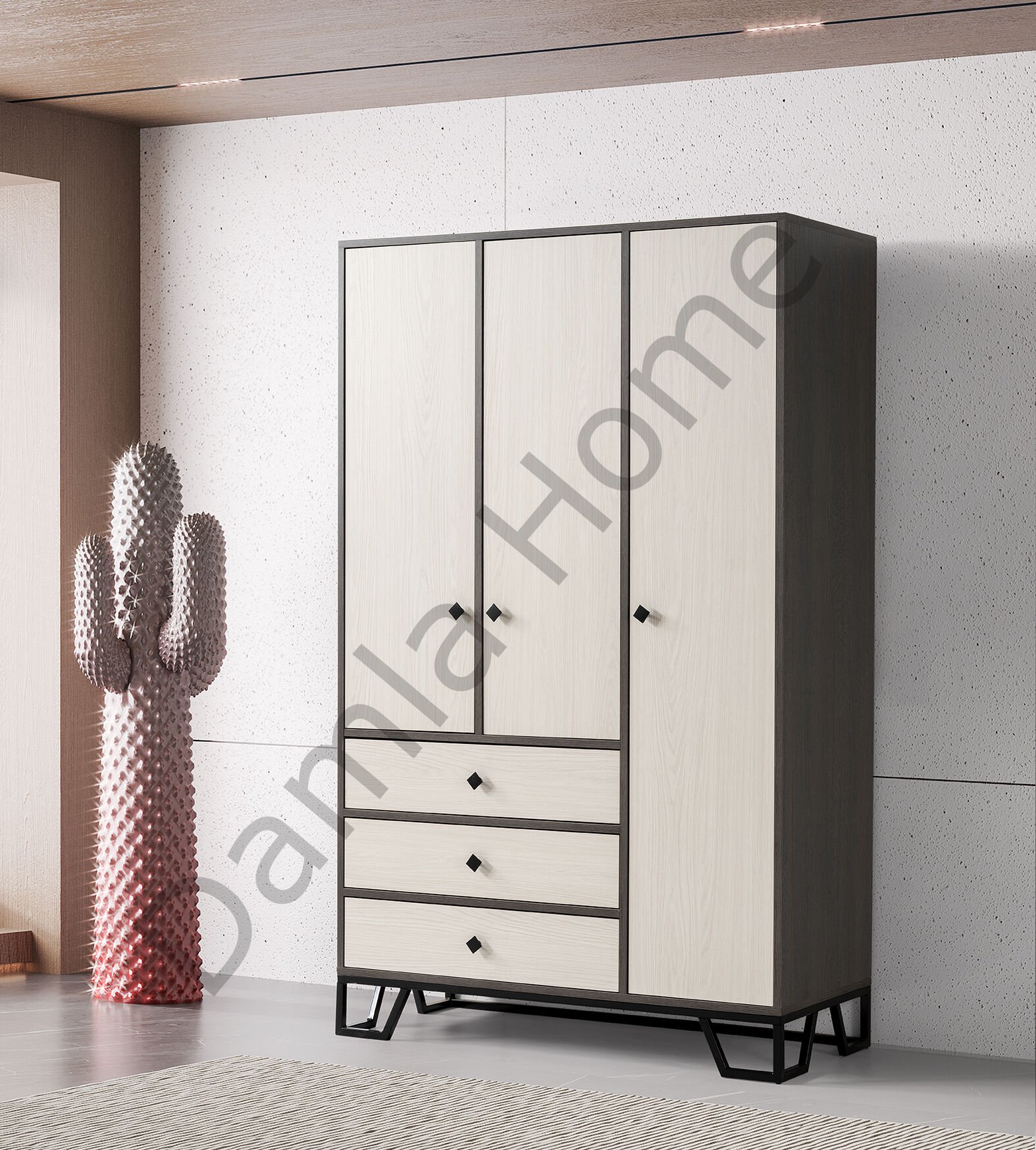 Luna Üç Kapaklı Dolap - Antrasit Meşe/Monet