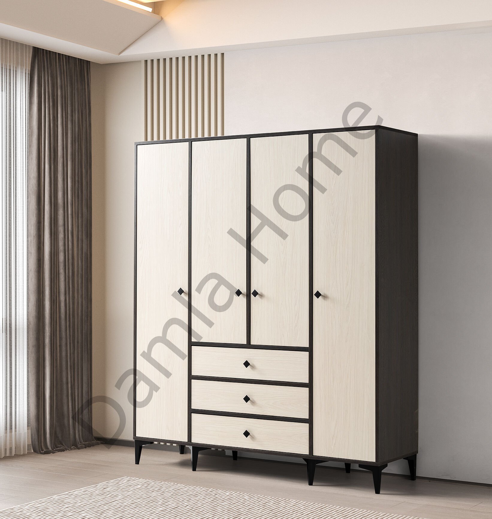 Mira Dört Kapaklı Dolap - Antrasit Meşe/Monet