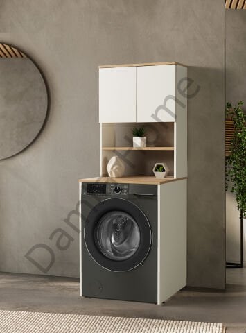 Çamaşır Makinesi Dolabı - Üst Dolaplı - Ekru/Meşe