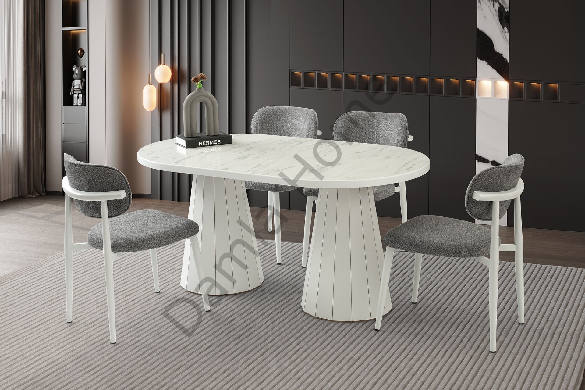 Lora Masa Sandalye Takımı - Marmo/Beyaz