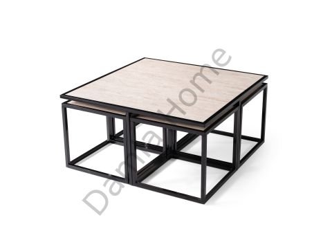 Kares Orta Sehpa - Siyah/Traverten