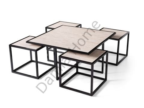 Kares Orta Sehpa - Siyah/Traverten